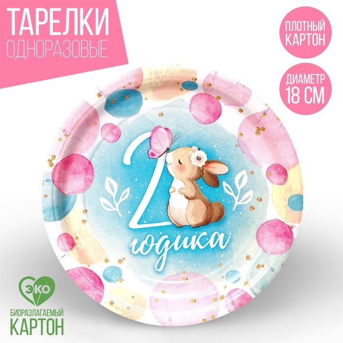 

Тарелка бумажная «2 годика», зайка, набор 6 шт, 18 см, Разноцветный