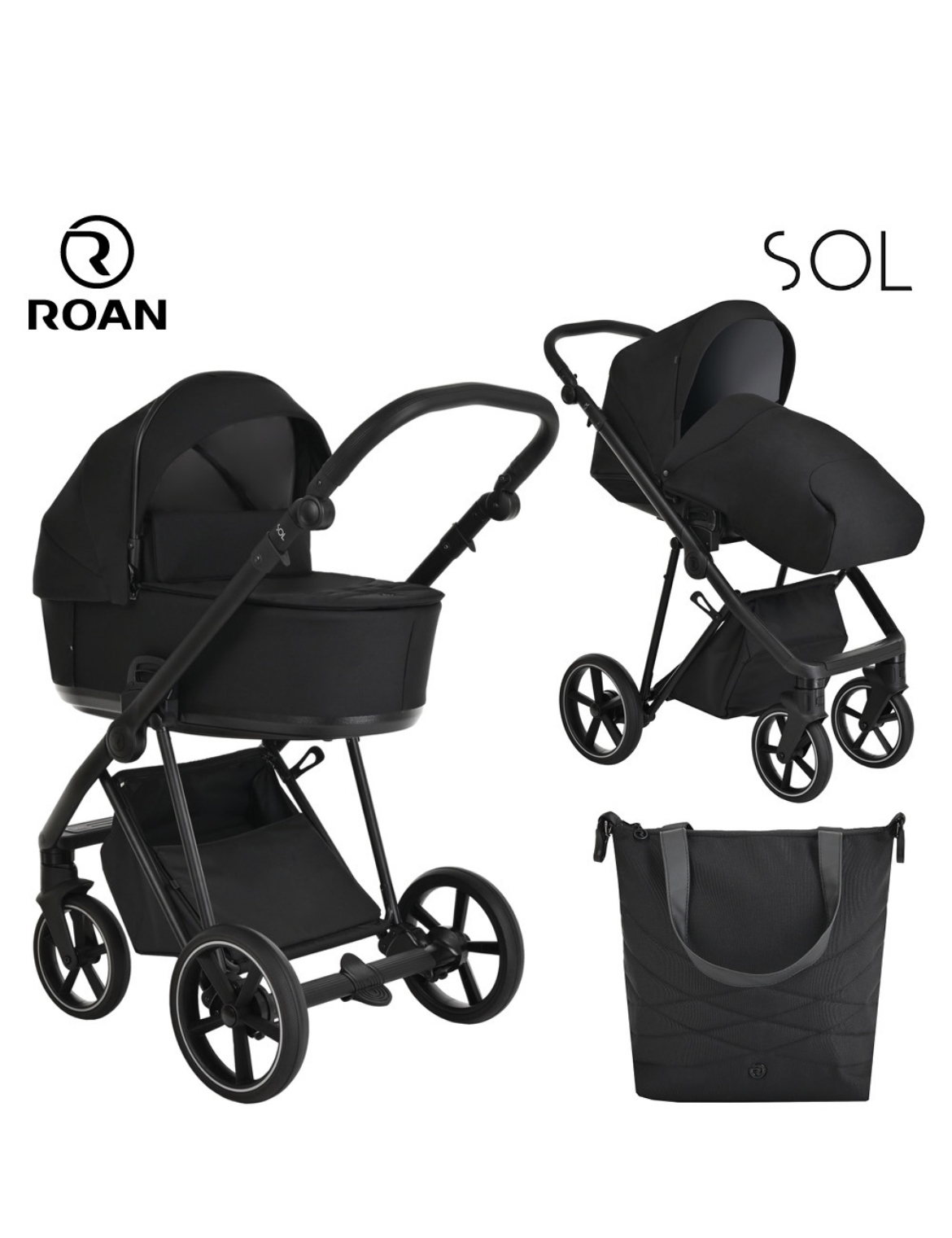 Коляска 2 в 1 Roan Sol, True Black Черный