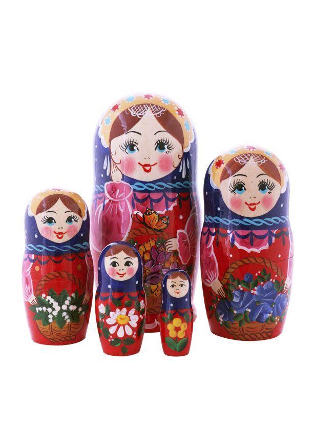 

Матрешка деревянная Корзинка с бабочкой, сине-красная, 5 мест, 17 см, Синий;красный;розовый, Разноцветные