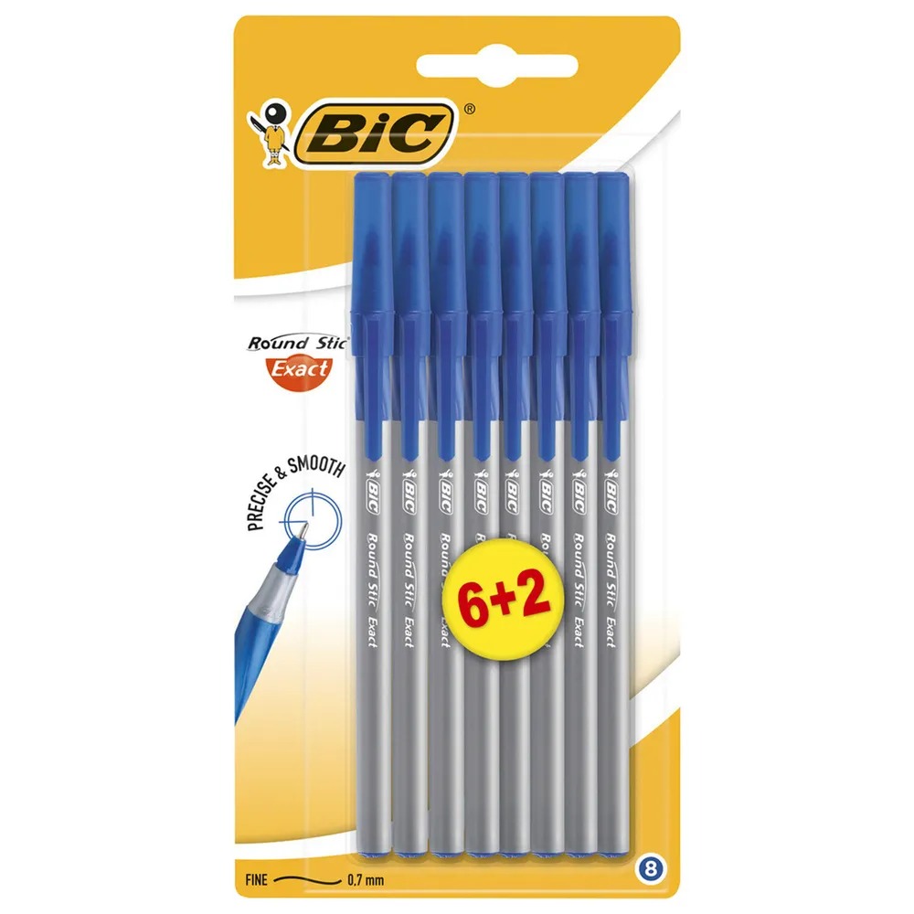 фото Набор из 5 шт, ручки шариковые с грипом bic round stic exact, набор 6+2 шт., синие