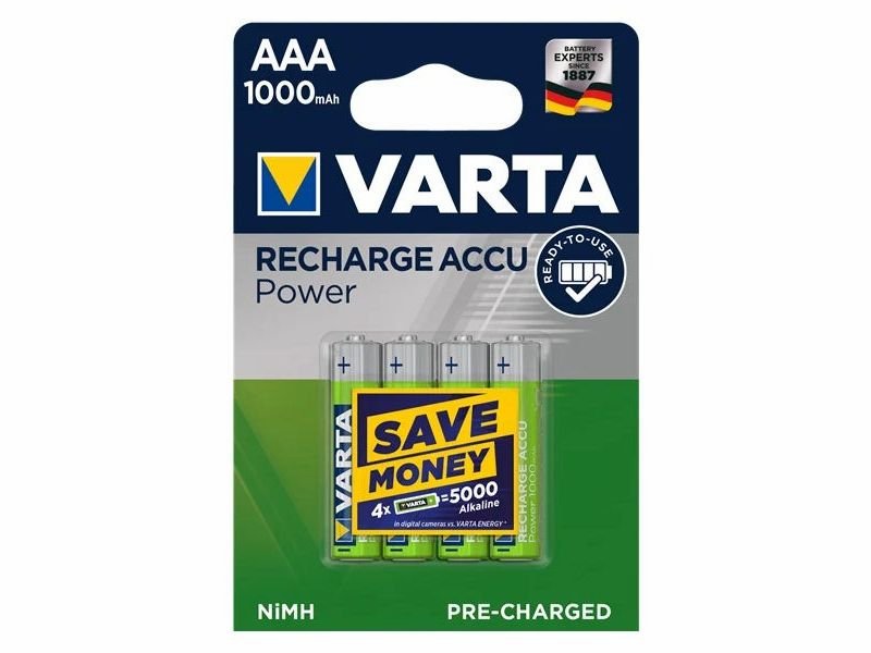 

Аккумуляторы типа AAA VARTA 200.01209 1000mAh, комплект 4 штуки, ААА