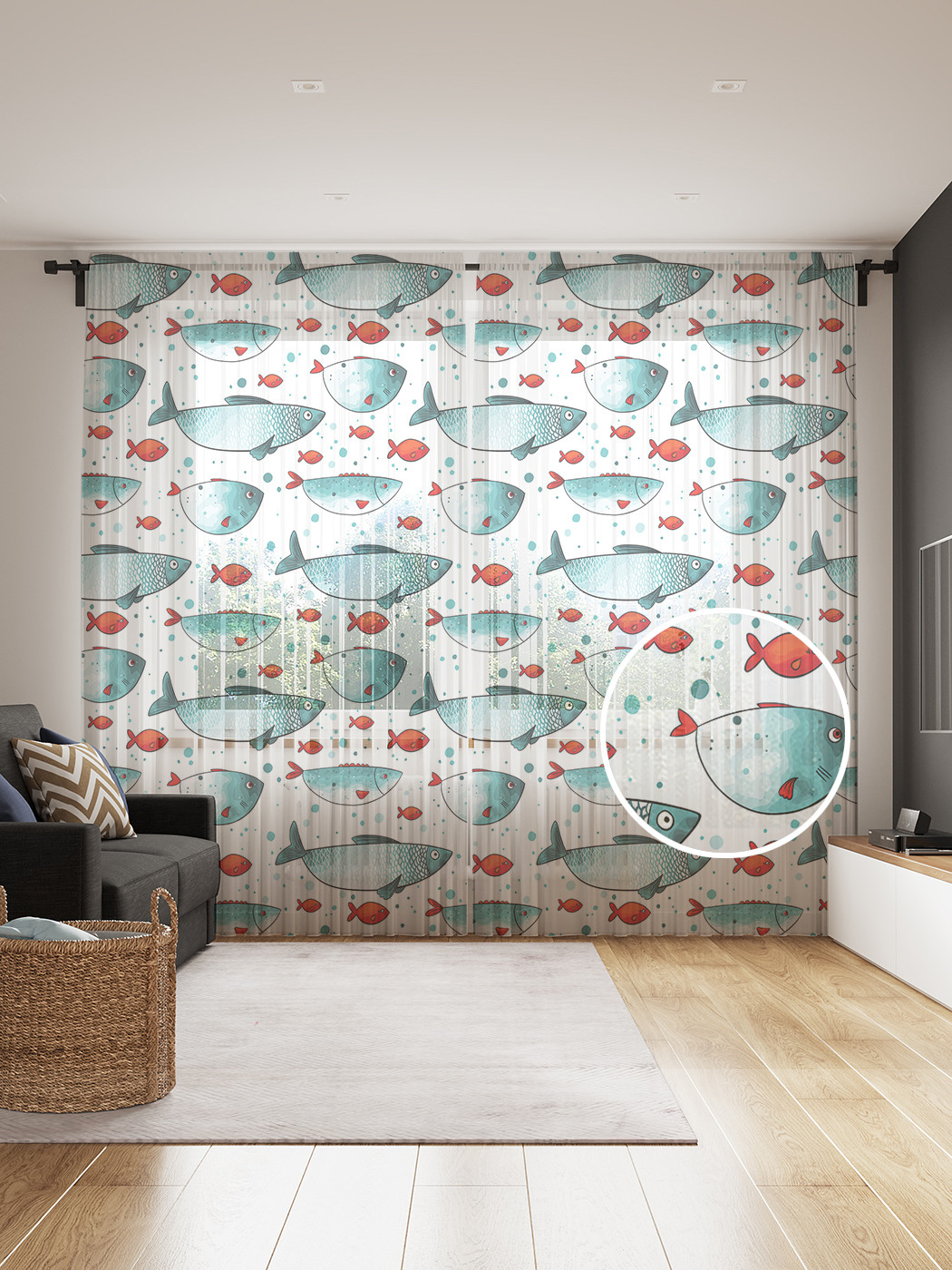 

Фототюль JoyArty "Рыбные стайки", 145x265см (2 полотна со шторной лентой + 50 крючков), Рыбные стайки