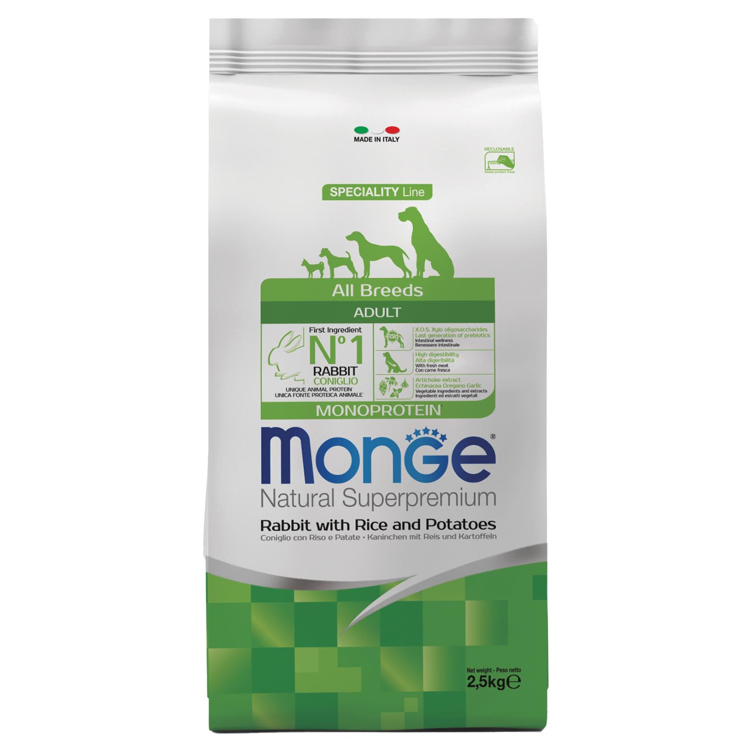 Корм сухой Monge Monoprotein для собак всех пород, с кроликом, рисом и картофелем, 2,5 кг