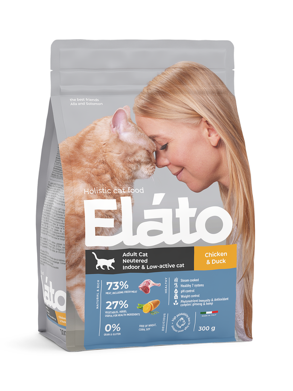 Cухой корм для кастрированных котов Elato Holistic с курицей и уткой, 2 шт по 300 г