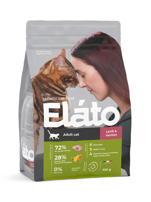 Сухой корм для взрослых кошек Elato Holistic с ягненком и олениной, 2 шт по 300 г