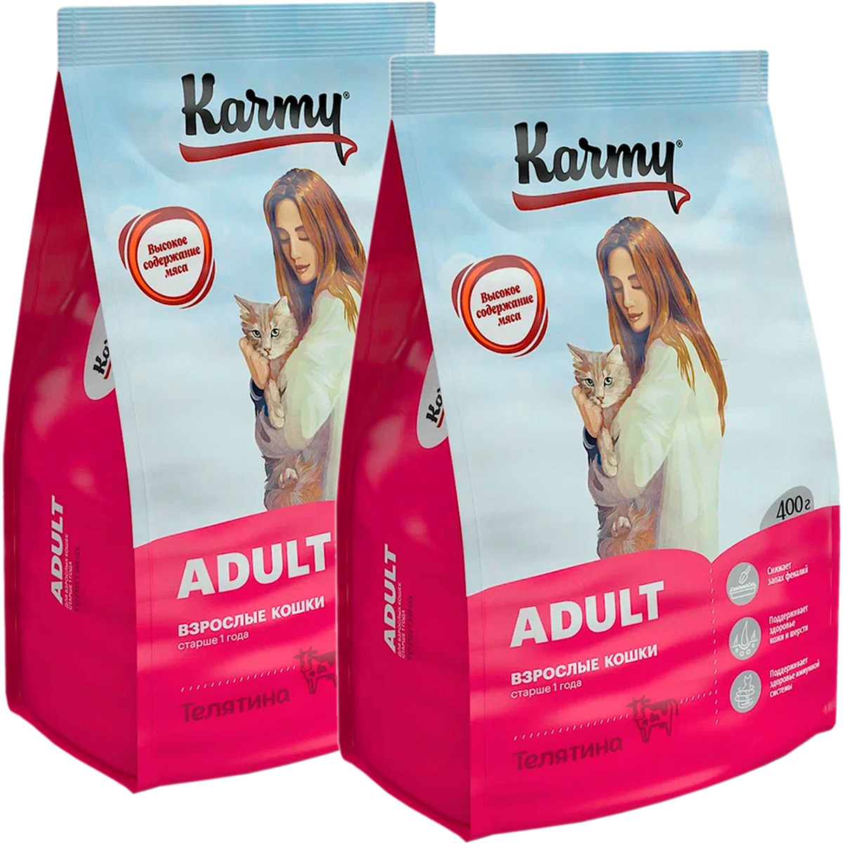 фото Сухой корм для кошек karmy adult с телятиной, 2 шт по 0,4 кг