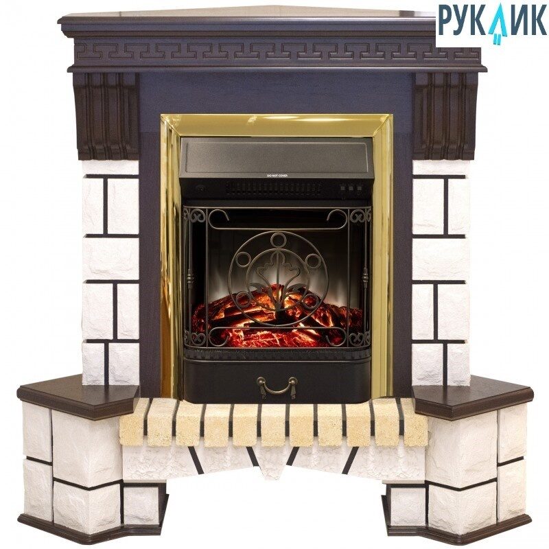 фото Электрокамин real flame stone corner ao (угловой) с очагом majestic lux brass