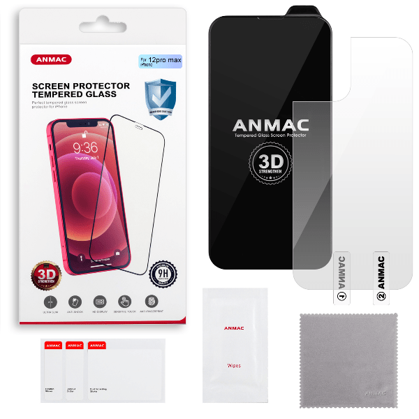 

Защитное стекло ANMAC для iPhone 12 Pro Max Арт.1137320, Защитное стекло ANMAC для iPhone 12 Pro Max + пленка назад 3D черный усиленное