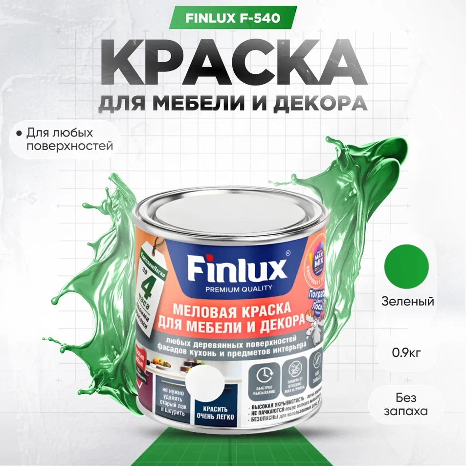 фото Краска finlux f-540 для мебели и декора, кухонь и предметов интерьера зеленый-0,9 кг