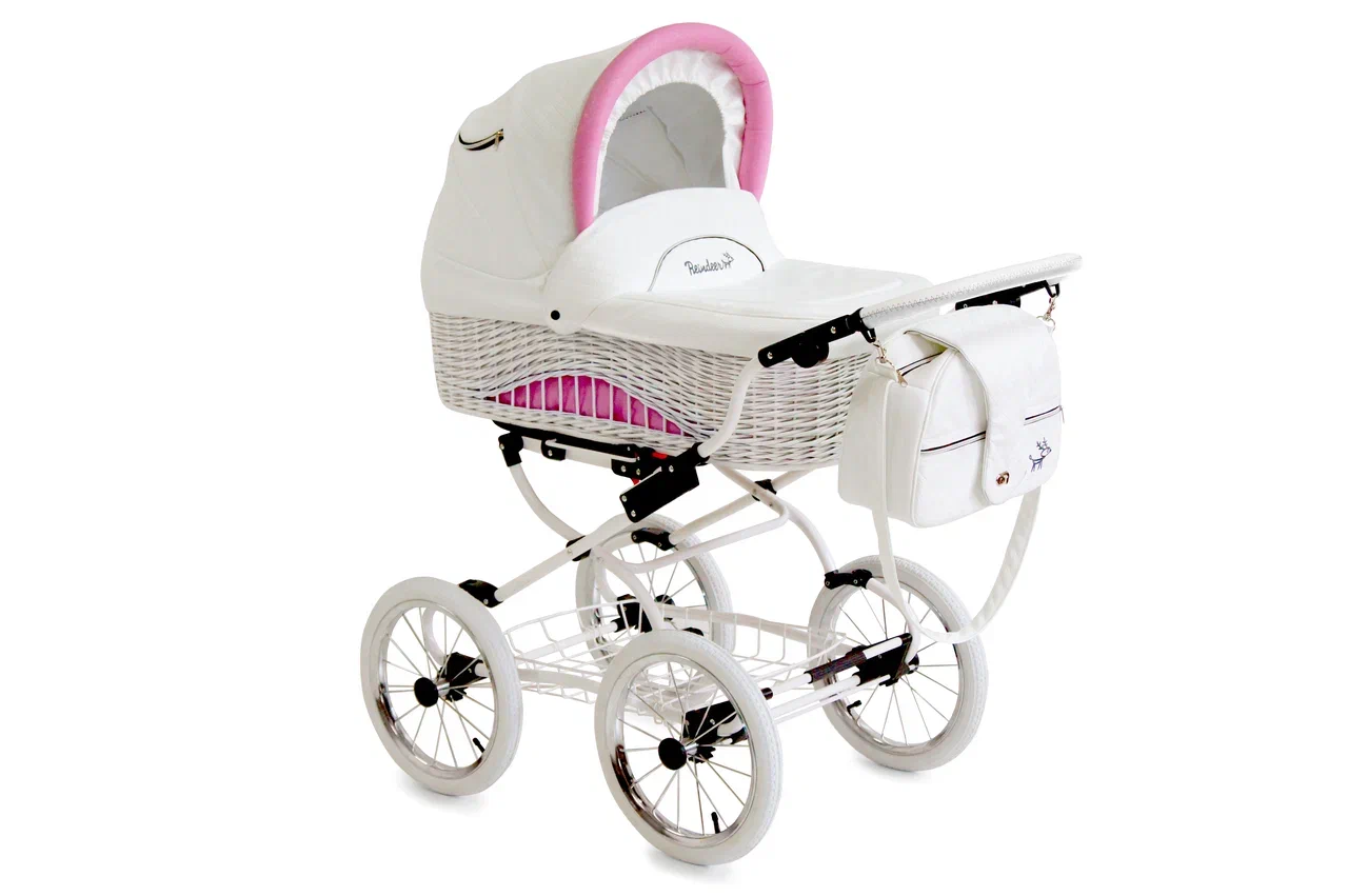 Коляска Reindeer Prestige Wiklina люлька на раме, с конвертом, белый+розовый W-3