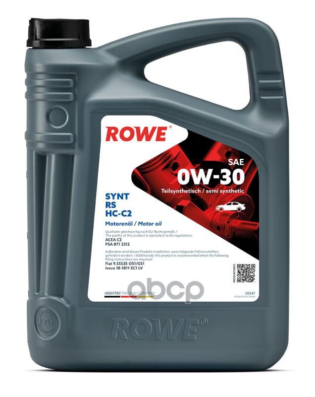 

Моторное масло ROWE синтетическое 0w30 Hightec Synt Rs Hc-C2 5л