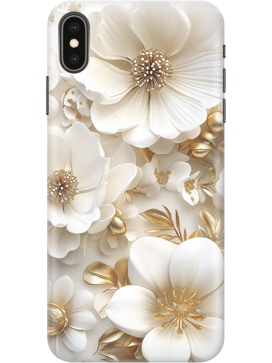 

Силиконовый чехол на Apple iPhone XS Max с принтом "Золото на белых цветах", Прозрачный;белый;золотистый, 719086224