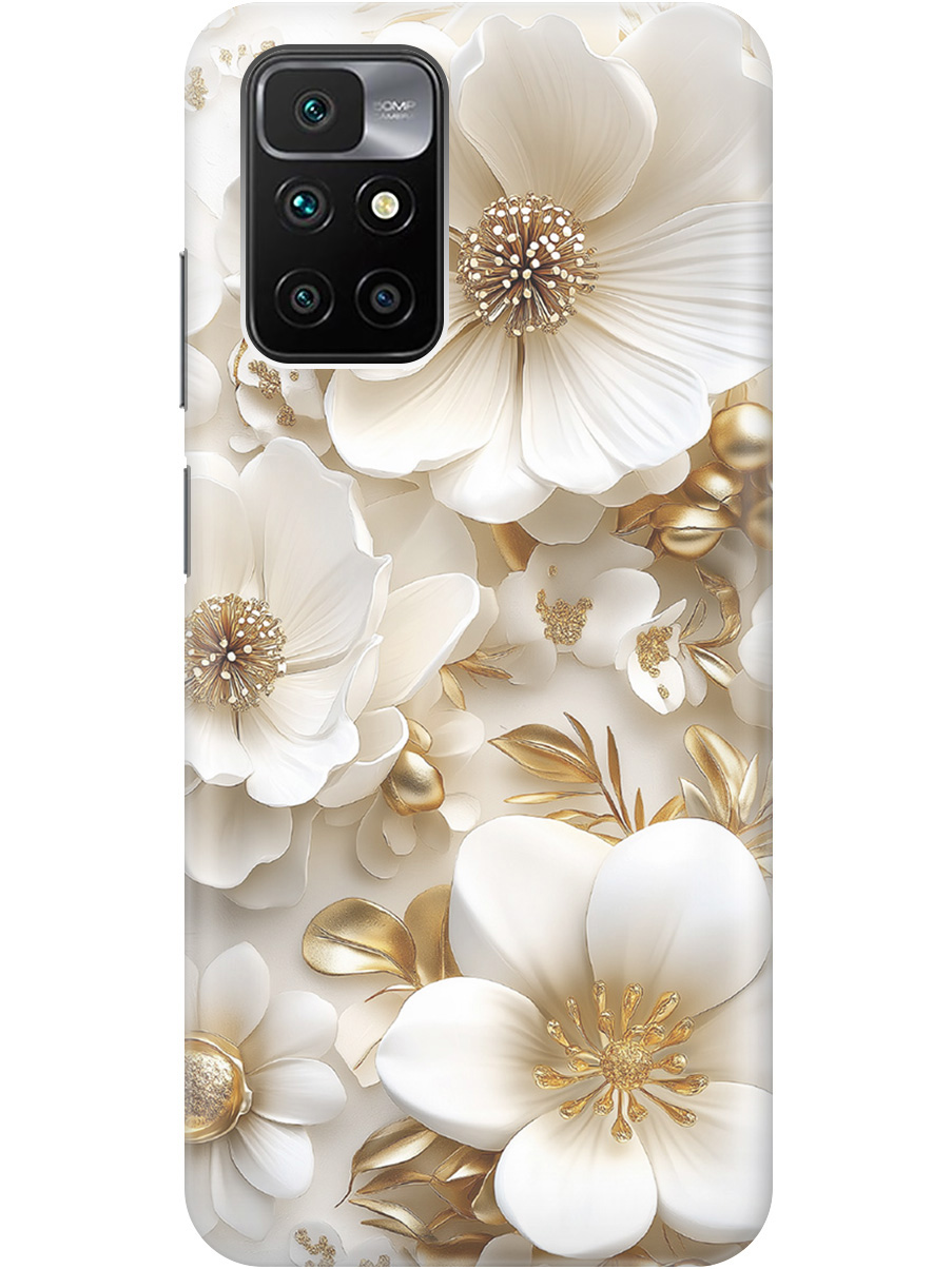 

Силиконовый чехол на Xiaomi Redmi 10 с принтом "Золото на белых цветах", Прозрачный;белый;золотистый, 731907124