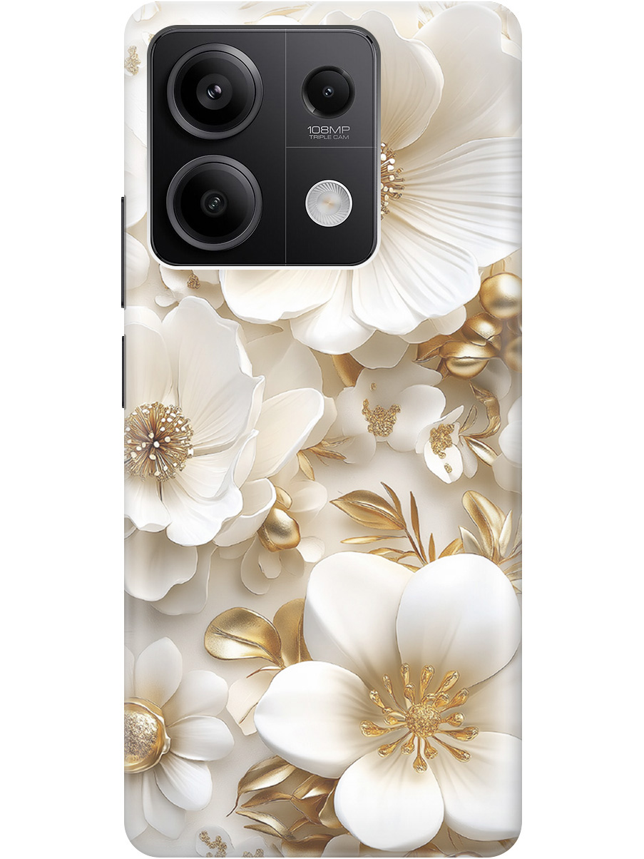 

Силиконовый чехол на Xiaomi Redmi Note 13 5g с принтом "Золото на белых цветах", Прозрачный;белый;золотистый, 776587024