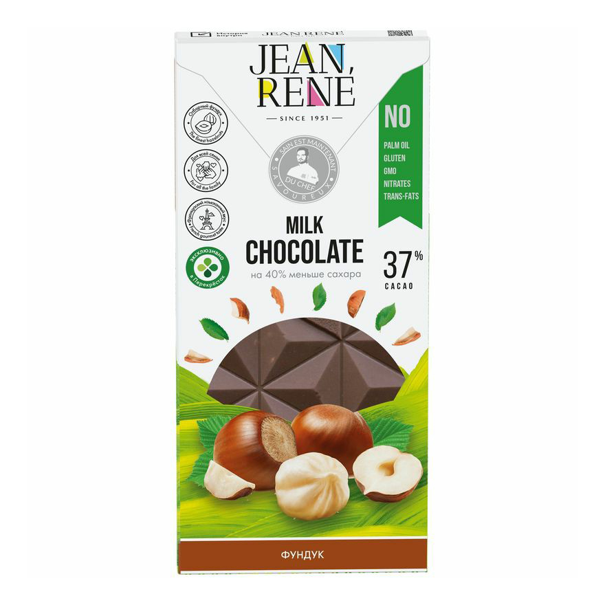 Шоколад Jean Rene молочный фундук с пониженным содержанием сахара 37% 80 г