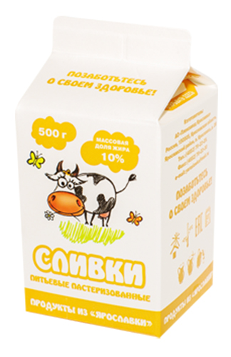 

Сливки Продукты из Ярославки питьевые пастеризованные 10% БЗМЖ 500 г