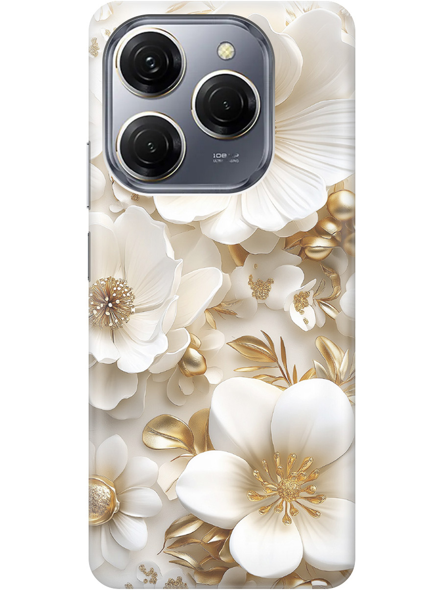

Силиконовый чехол на Tecno Spark 20 Pro с принтом "Золото на белых цветах", Прозрачный;белый;золотистый, 779829024
