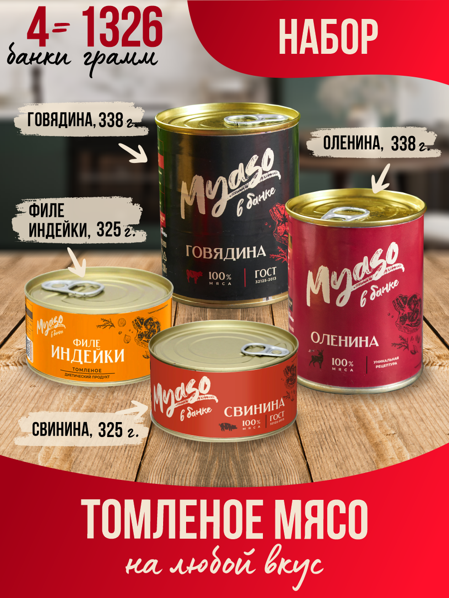 

Ассорти Мясо в банке Оленина, Свинина, Говядина, Индейка, 352 г х 4 шт