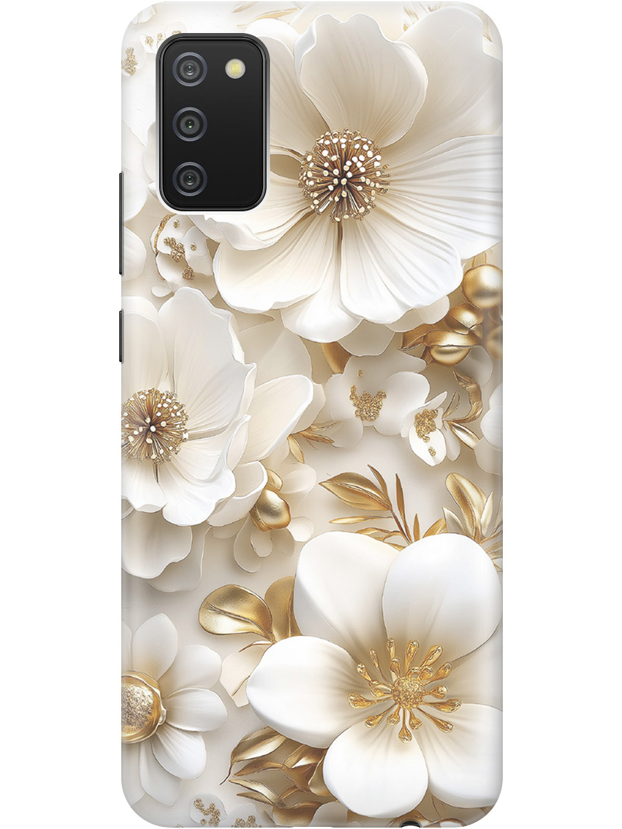 

Силиконовый чехол на Samsung Galaxy A02s с принтом "Золото на белых цветах", Прозрачный;белый;золотистый, 723602924