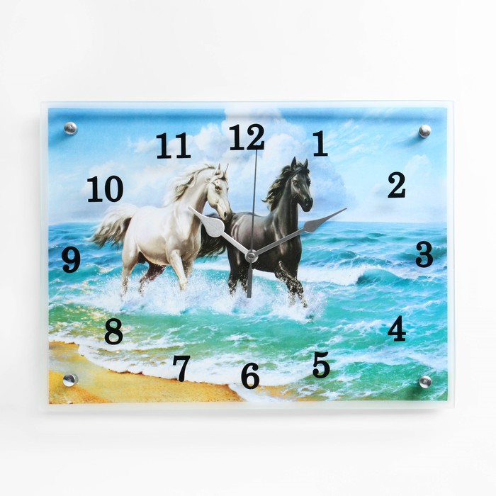 фото Часы настенные, серия: животный мир, "лошади в море", 30х40 см сюжет