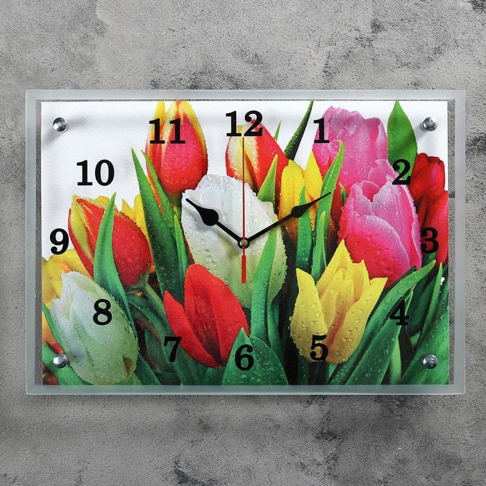 фото Часы настенные, серия: цветы, "разноцветные тюльпаны", 25х35 см сюжет