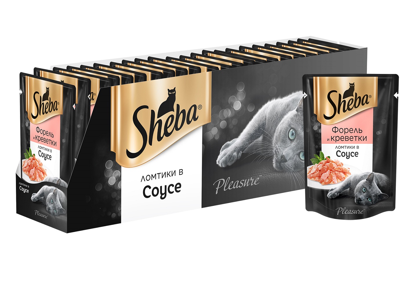фото Влажный корм для кошек sheba pleasure ломтики из форели и креветок в соусе, 85г х 24шт