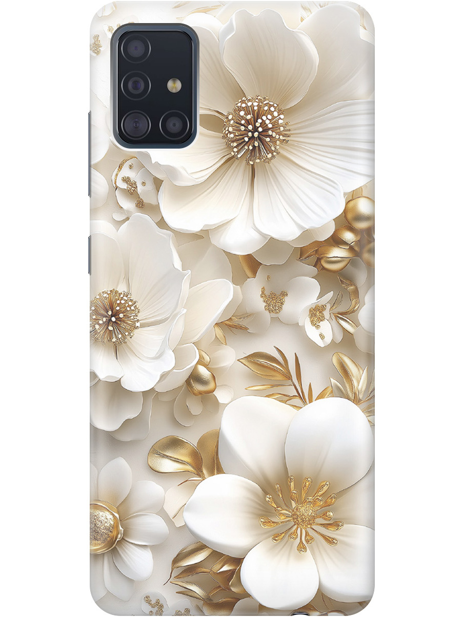 

Силиконовый чехол на Samsung Galaxy A51 с принтом "Золото на белых цветах", Прозрачный;белый;золотистый, 722409124