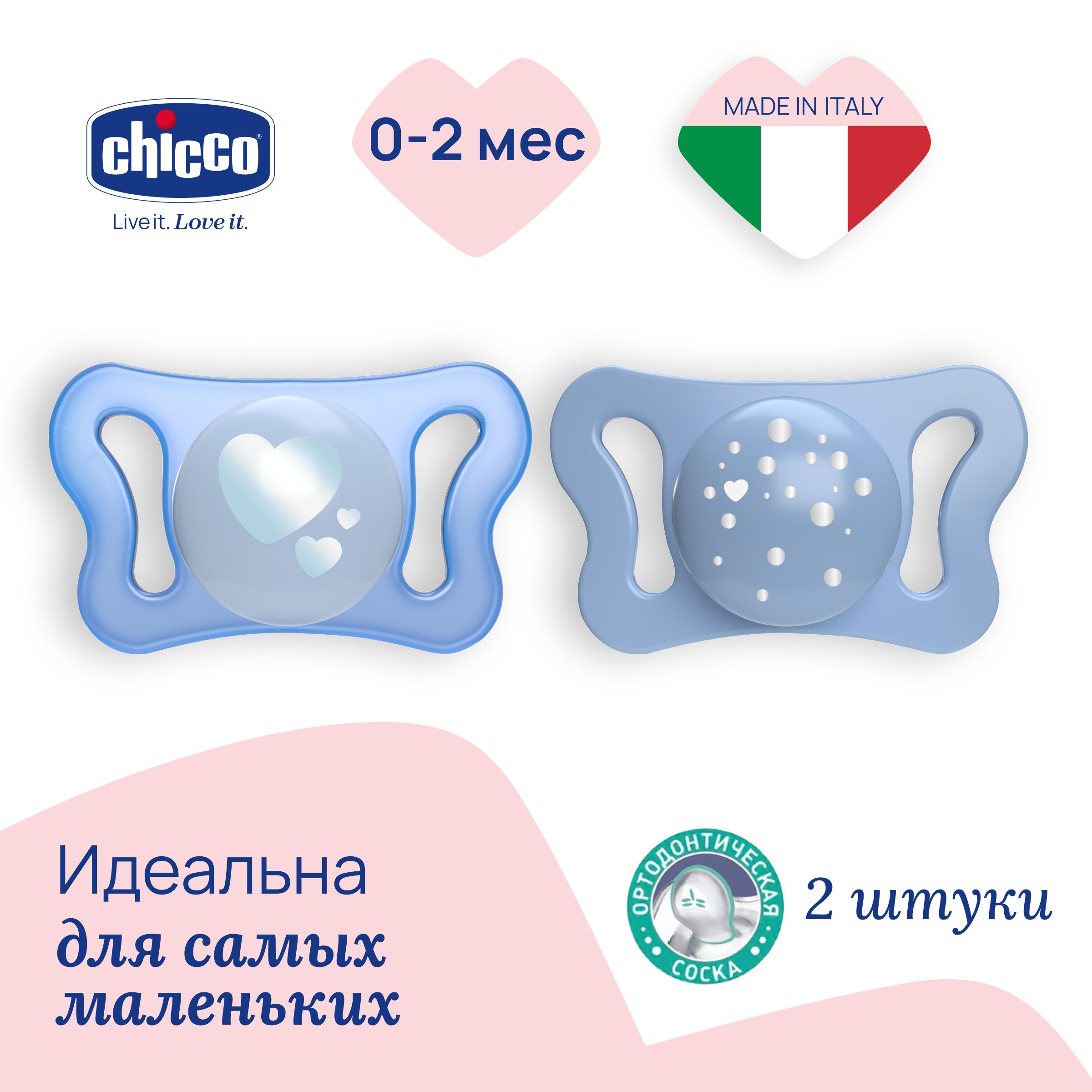 Соска пустышка для новорожденных 0-2 мес Chicco Утешение Physioforma Micro 2 шт, Голубой