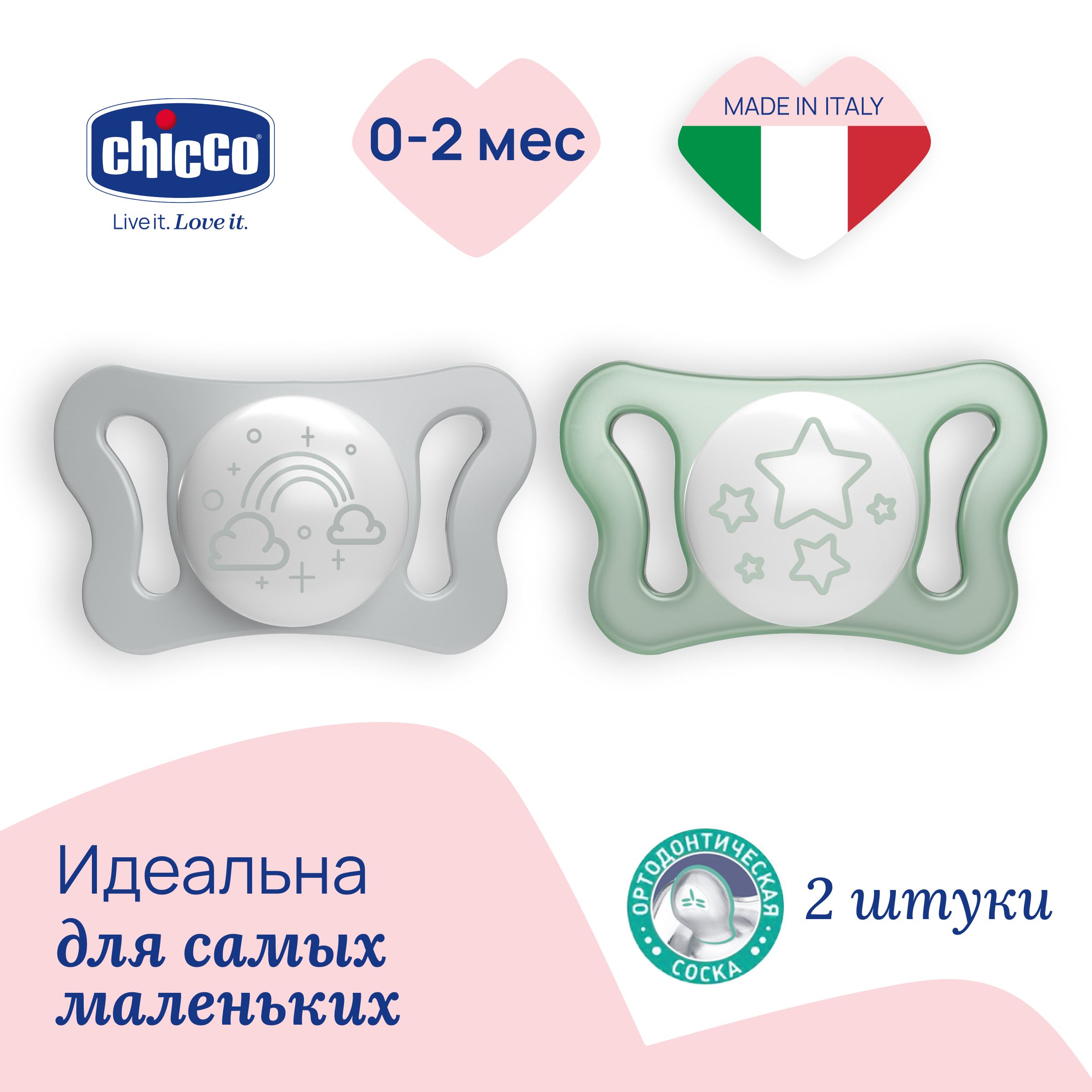 Пустышка для новорожденных 0-2 мес Chicco Утешение Physioforma Micro 2 шт, Люминесцентный