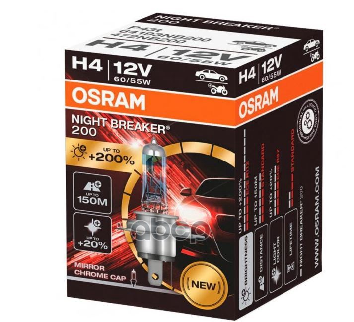 

Лампа 12V H4 60/55W +200% P43t OSRAM NIGHT BREAKER 1 шт. картон 64193NB200 OSRAM 64193NB20