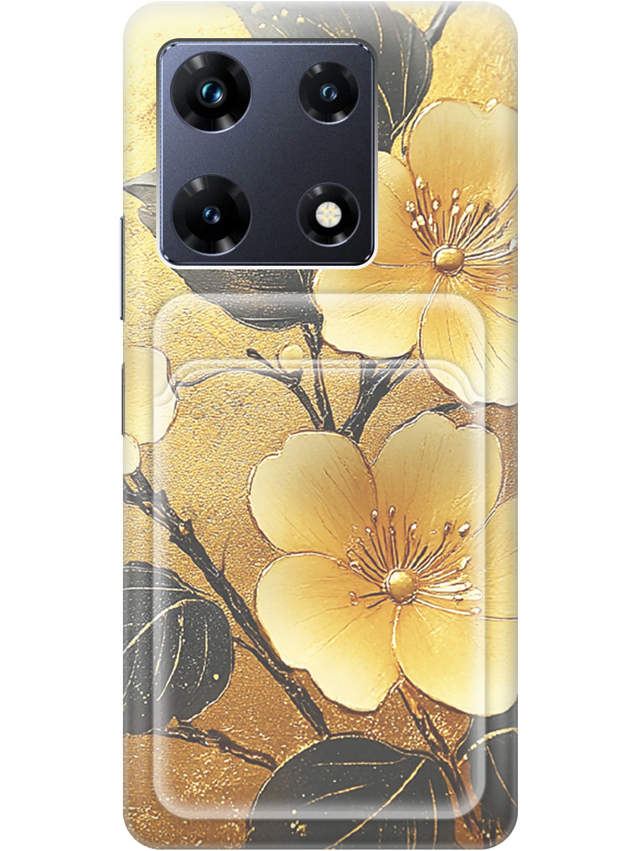

Силиконовый чехол на Infinix Note 30 Pro с принтом "Цветы и золото" с карманом для карты, Прозрачный;желтый;черный, 773942824