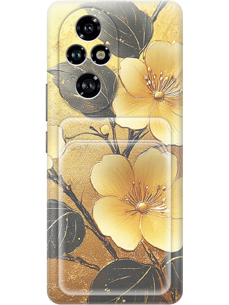 

Силиконовый чехол на Honor 200 pro с принтом "Цветы и золото" с карманом для карты, Прозрачный;желтый;черный, 783979624