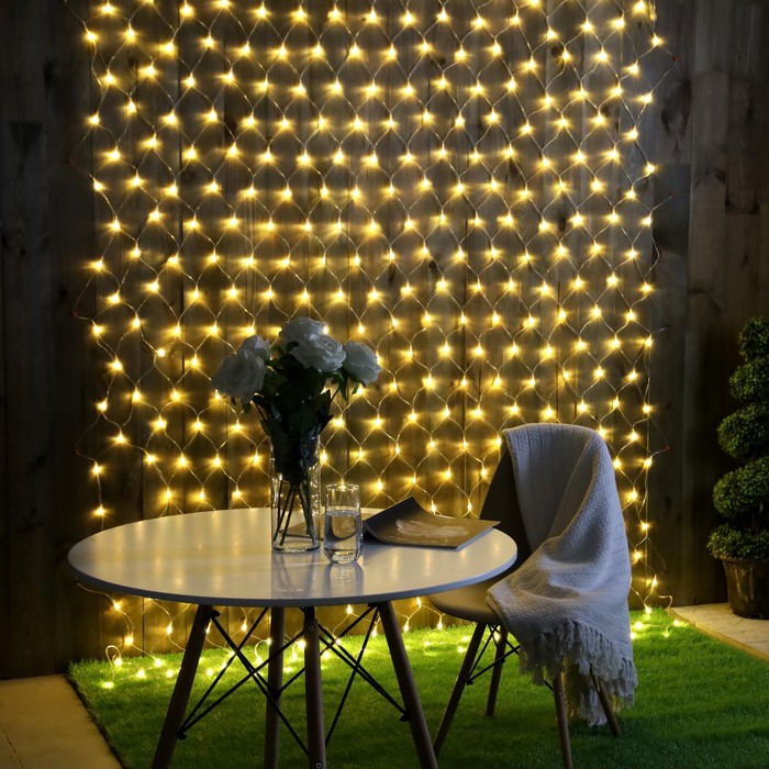 

Гирлянда Сеть 2 × 3 м, IP44, УМС, прозрачная нить, 384 LED, свечение теплое белое, 220 В
