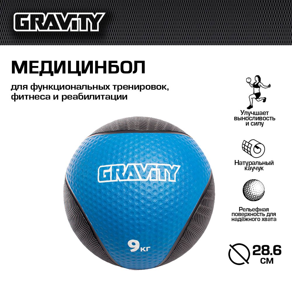 фото Резиновый медбол gravity, 9кг, синий