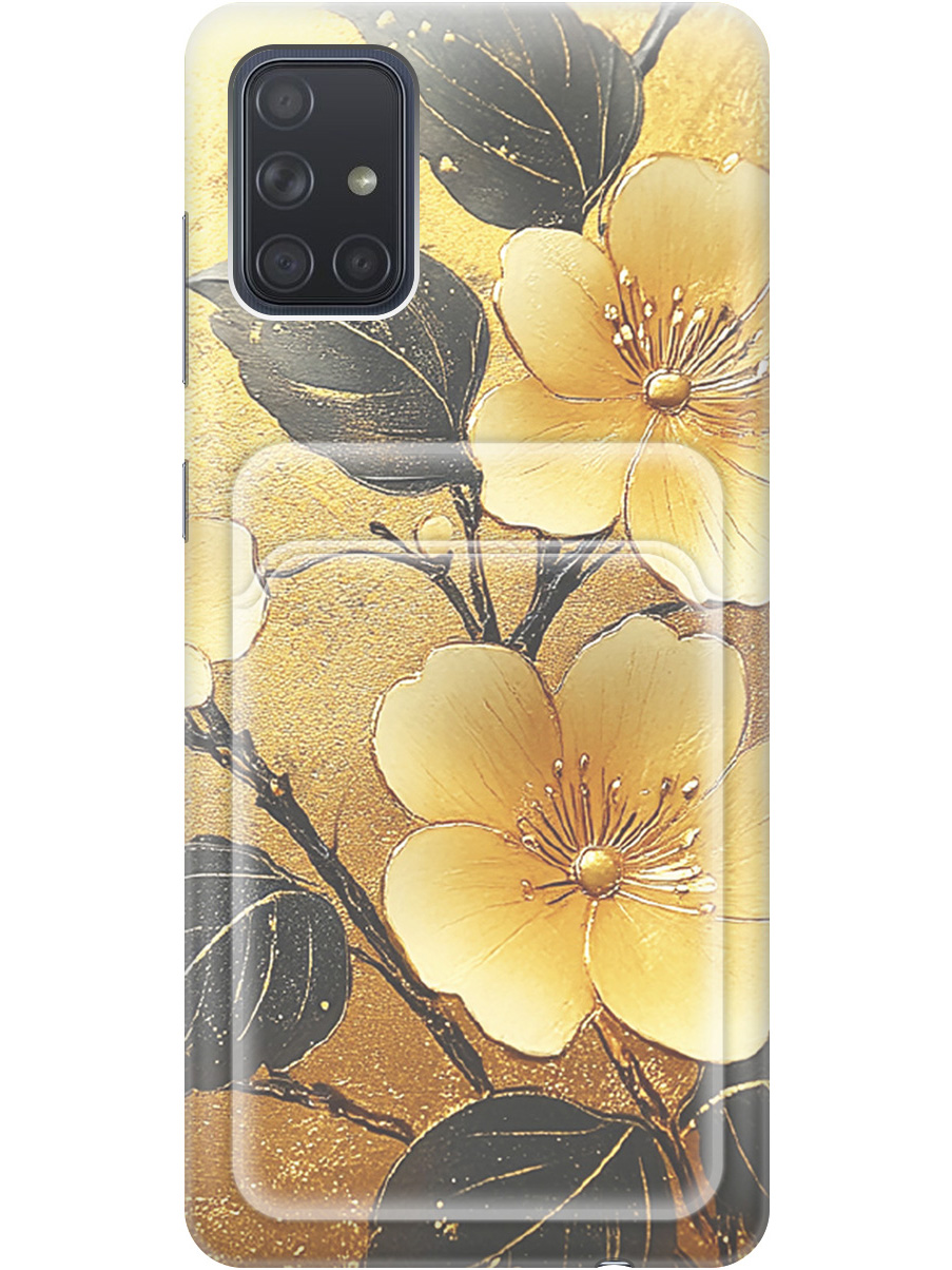 

Силиконовый чехол на Samsung Galaxy A71 с принтом "Цветы и золото" с карманом для карты, Прозрачный;желтый;черный, 722411424