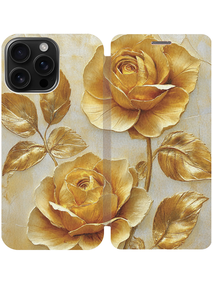 

Чехол-книжка на Apple iPhone 16 Pro Max с принтом "Золотые розы" золотой, 785198323