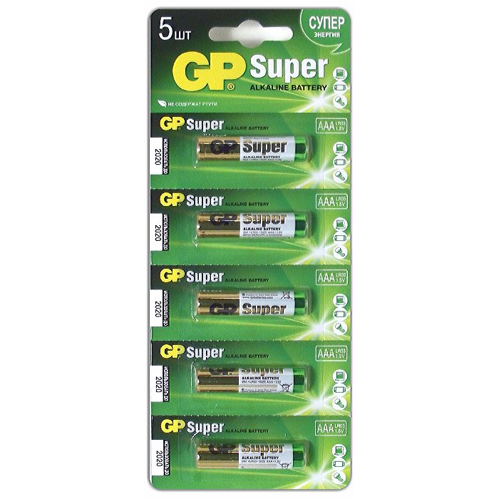 

Батарейка AAA щелочная GP Super Alkaline LR03 в отрывном блистере 5шт GP 24A-CR5