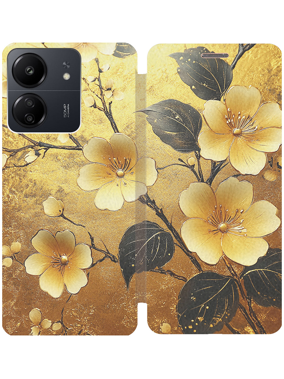

Чехол-книжка на Xiaomi Redmi 13C / Poco C65 с принтом "Цветы и золото" золотой, Золотистый;желтый;черный, 777767724