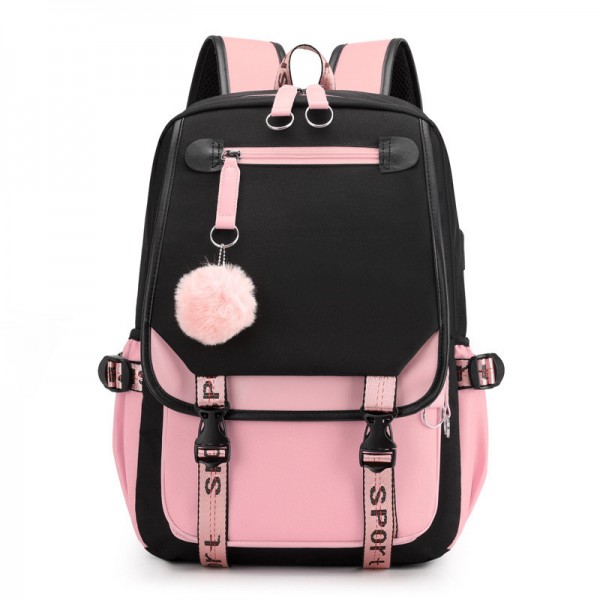 Рюкзак с помпоном для учащихся Черно-розовый