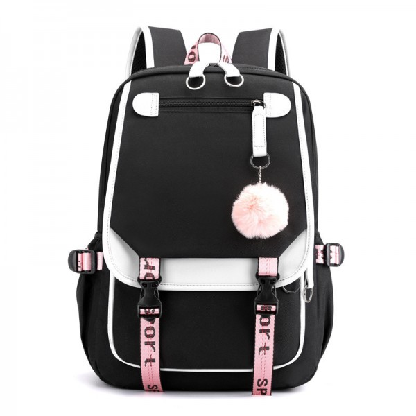 Городской школьный рюкзак с помпоном для учащихся, Черно-белый рюкзак текстильный со шнуровкой 38х29х11 см черно белый