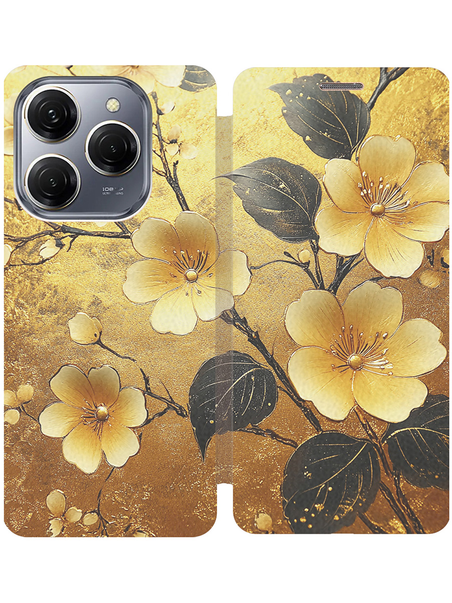 

Чехол-книжка на Tecno Spark 20 Pro с принтом "Цветы и золото" золотой, Золотистый;желтый;черный, 779829024