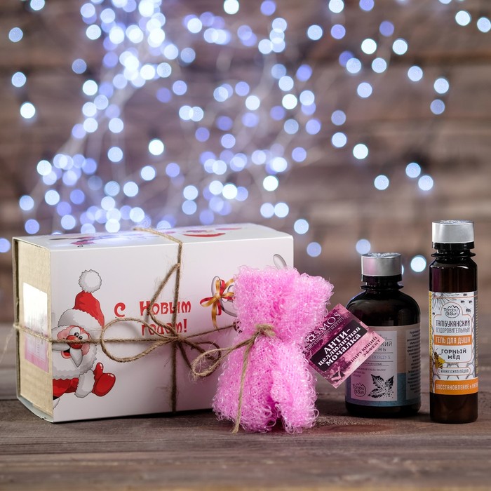 

Новогодний набор для ванн женский: шампунь 200 мл, мочалка, гель для душа, 100 мл, Новогодний