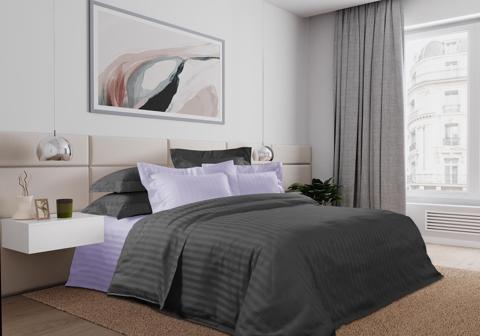 

Комплект постельного белья Птичье молоко, Страйп-сатин, Евро, 4 наволочки 70х70 и 50х70, серия Сатин страйп