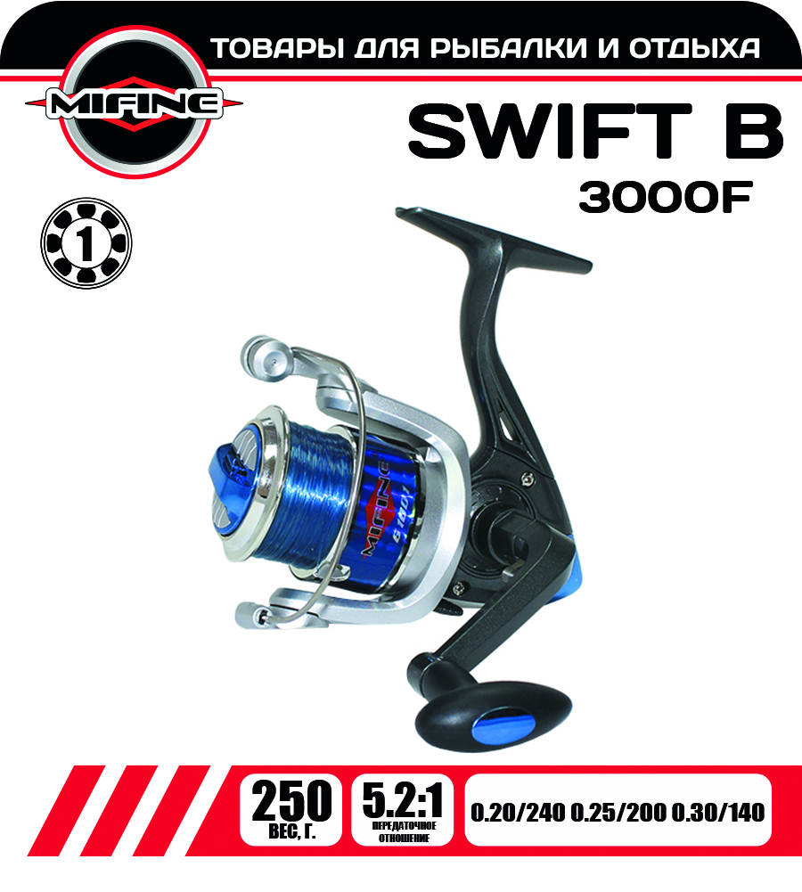 Катушка рыболовная MIFINE SWIFT B 3000F-1B, синего цвета, шпуля с леской, для спиннинга