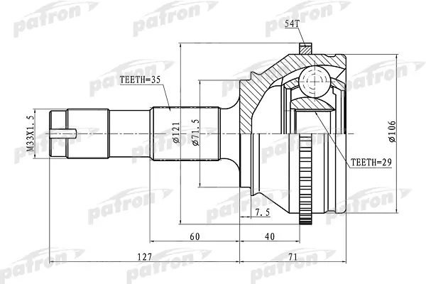 ШРУС наружный с кольцом ABS 35x71.5x29 ABS:54T FIAT DUCATO RUSSIA 08- PATRON PCV1334