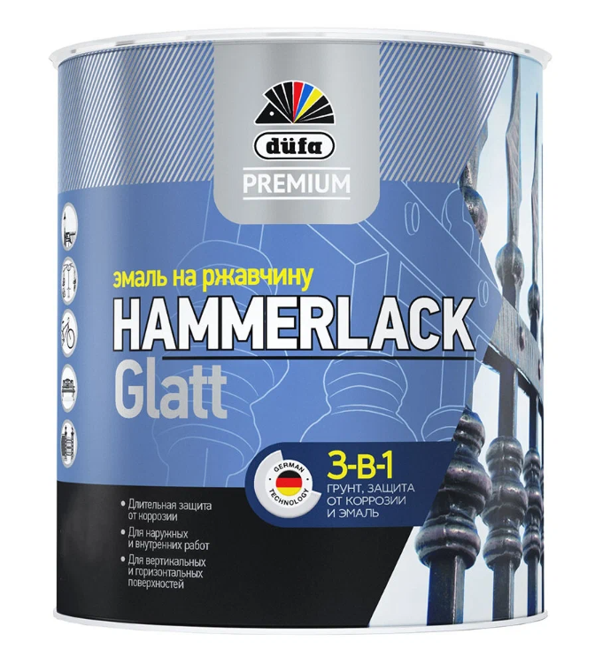 фото Эмаль на ржавчину dufa premium hammerlack 3-в-1 гладкая ral 9010 белая 2,5 л.