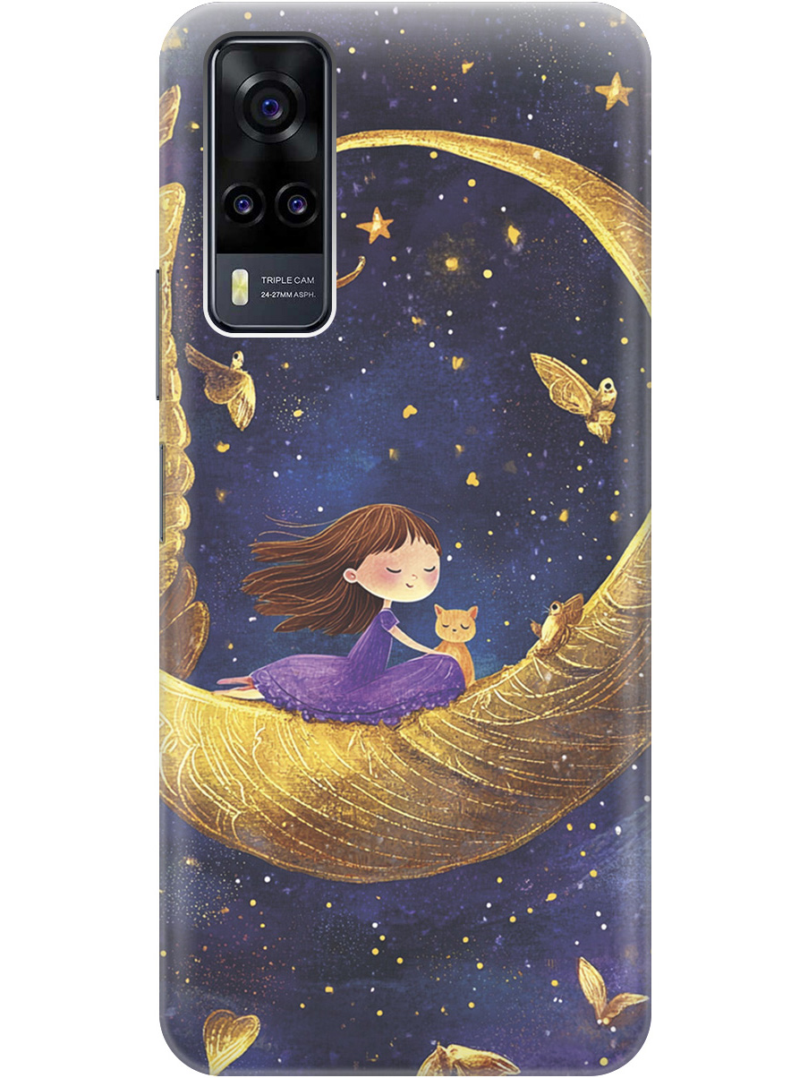 

Силиконовый чехол на Vivo Y31 / Y53s 4G / Y51 2020 с принтом "Девочка и месяц", Прозрачный;золотистый;черный, 743438372