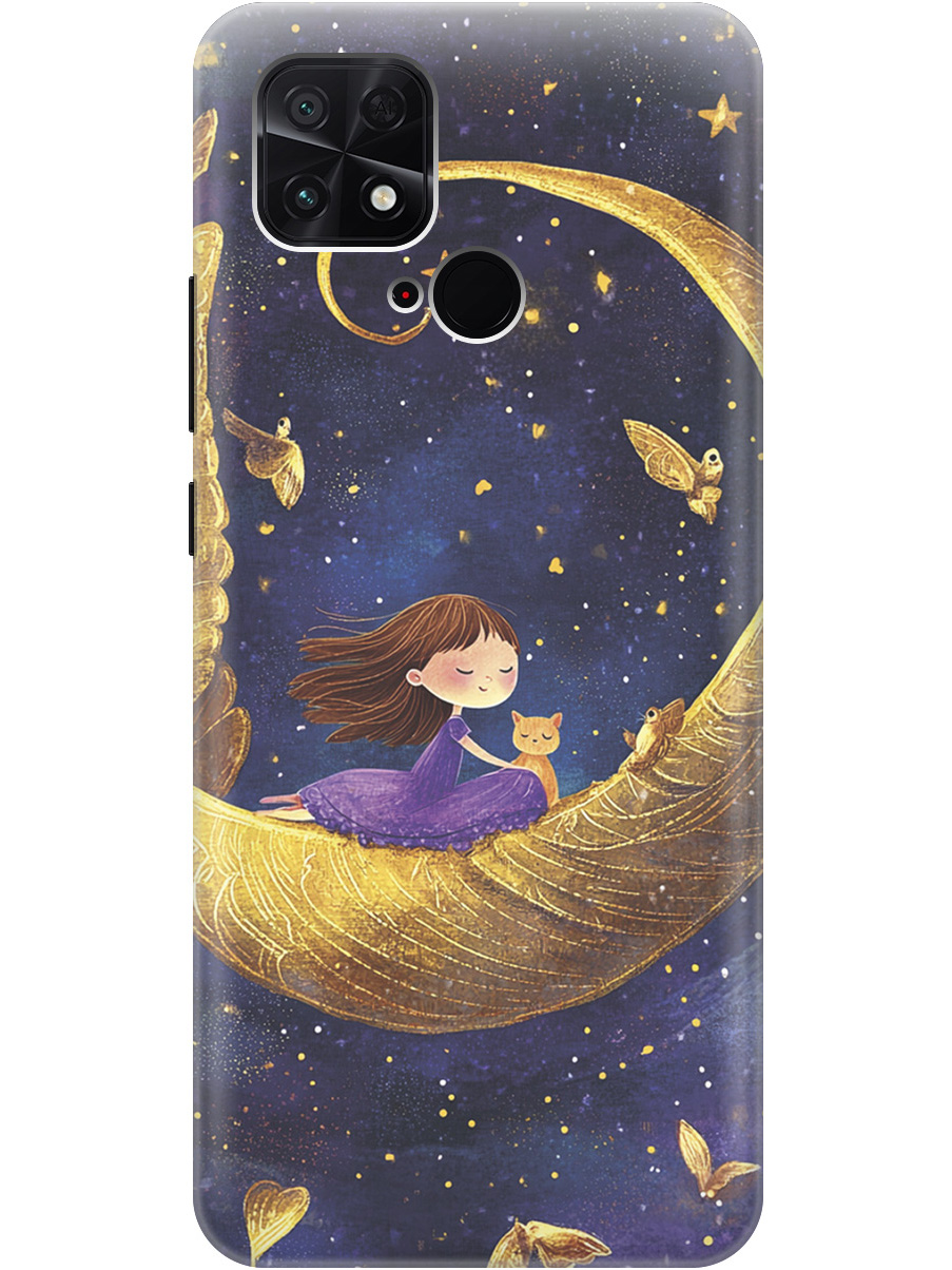 

Силиконовый чехол на Xiaomi Poco C40 с принтом "Девочка и месяц", Прозрачный;золотистый;черный, 740187972