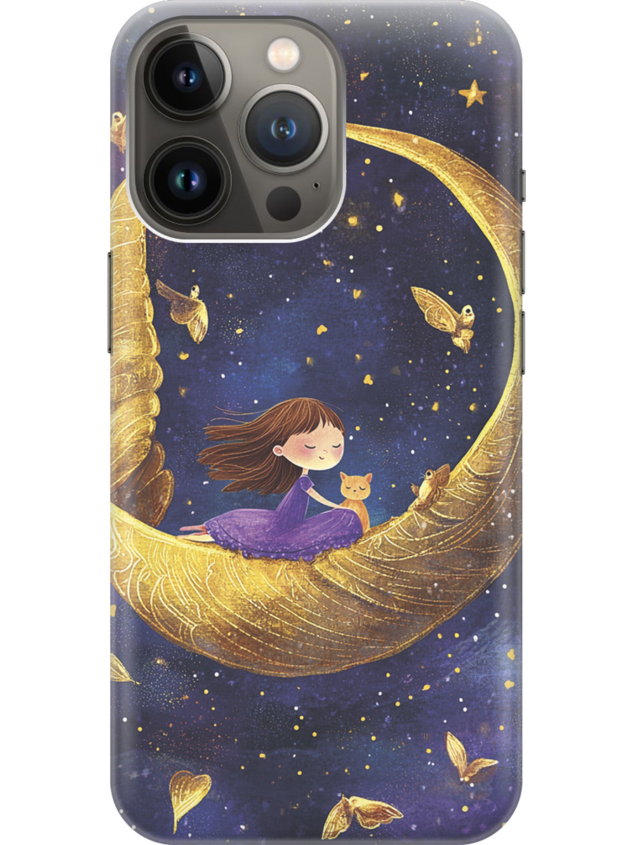 

Силиконовый чехол на Apple iPhone 14 Pro с принтом "Девочка и месяц", Прозрачный;золотистый;черный, 745400772