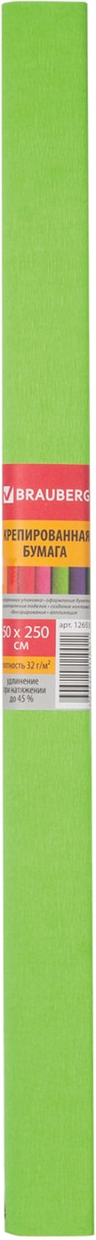 

Цветная бумага крепирован BRAUBERG плотн растяжен до 45% 32г/м2 рулон св-зеленая 50х250см, Зеленый